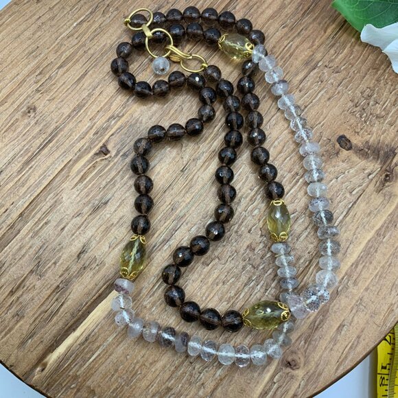 Bounkit Smoky Clear Quartz Yellow Citrine Gold Tone Long Necklace - Picture 2 of 8